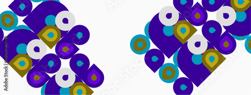 Abstract pattern features colorful shapes. Circles, squares, teardrops create repeating design. Minimalist aesthetic, vibrant hues present.