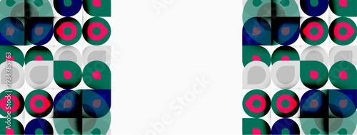 Geometric pattern features repeating circles, squares. Colors include blue, green, pink, beige. Design appears modern, vibrant.