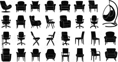 Silhouettes of diverse chair designs, office, dining, armchair, recliner, folding, egg chair, furniture collection, interior, seating, modern, classic