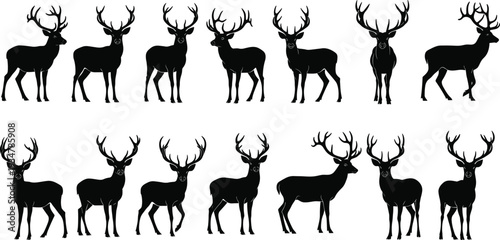 Deer antler silhouettes vector set, wildlife illustration, hunting, forest animals, stag, reindeer, nature, antlers collection, rustic design, animal posture art