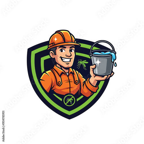 Construction worker with paint bucket on a shield emblem