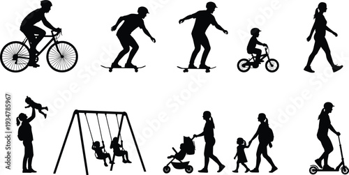 Outdoor family activities vector silhouettes, children playing, cycling, skateboarding, walking, parenting, stroller, swings, scooter, recreation, lifestyle, fitness, community life illustration
