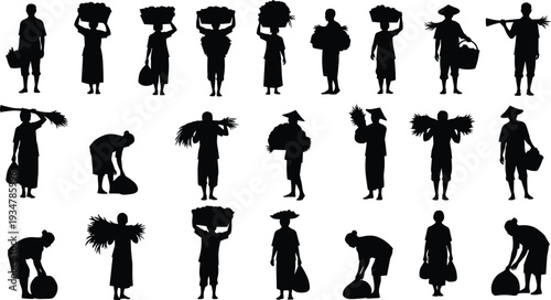 Black silhouette vector set of Asian farmers and workers carrying harvest baskets and crops isolated on white background for agriculture