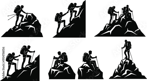 Hiking and mountain climbing silhouettes vector set, adventure poses, teamwork, trekking poles, rocky terrain, outdoor exploration, summit illustration design