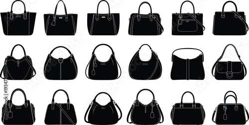 Handbag silhouettes vector set, fashion accessories, purse designs, shoulder straps, short handles, decorative elements, retail catalog, style illustration collection