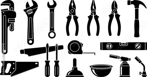 Plumbing tools silhouette, Plumbers equipment silhouettes set

