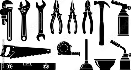 Plumbing tools silhouette, Plumbers equipment silhouettes set
