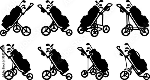Golf push cart silhouette, Golf pull cart silhouette, Golf push cart, Golf pull cart, Golf bag trolley silhouette, Bag trolley, Golf pushcart vector
