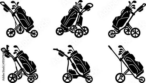 Golf push cart silhouette, Golf pull cart silhouette, Golf push cart, Golf pull cart, Golf bag trolley silhouette, Bag trolley, Golf pushcart vector
