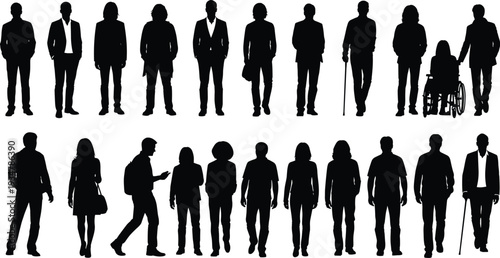 Diverse people silhouettes vector set, inclusion, accessibility, walking, standing, wheelchair, cane, fashion styles, human figures, community illustration design