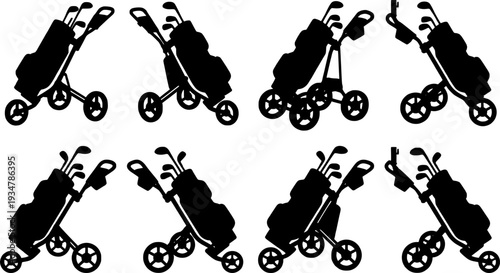Golf push cart silhouette, Golf pull cart silhouette, Golf push cart, Golf pull cart, Golf bag trolley silhouette, Bag trolley, Golf pushcart vector
