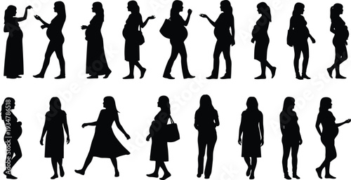 Pregnant women silhouettes vector set, maternity poses, baby bump stages, standing, walking, gesturing, handbags, motherhood illustration, female body design collection