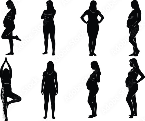 Black silhouette vector set of pregnant women in various poses including standing and yoga exercises isolated on white background background