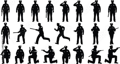 Police officer silhouettes vector set, law enforcement poses, baton, salute, firearm, running, kneeling, uniform icons, security illustration design collection