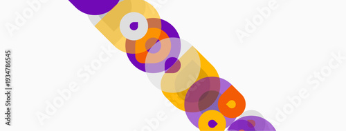 Abstract circles overlap, creating vibrant purple, orange hues. Diagonal composition suggests movement, energy. Minimalist design, clean aesthetic.