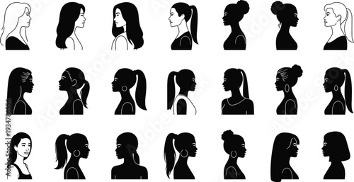 Black silhouette vector set of diverse women profile heads with various hairstyles including ponytails buns and long hair isolated on white background