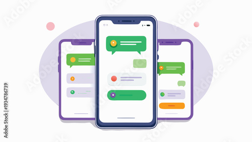 iMessages dual chat interface mockup with bubble conversations keyboard, modern unified messaging layout, messaging experience vector illustration, Modern Mobile Messaging UI with Smartphone Screens