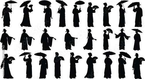 Traditional East Asian attire silhouettes vector set, cultural clothing, fans, parasols, historical fashion, male and female figures, heritage illustration design