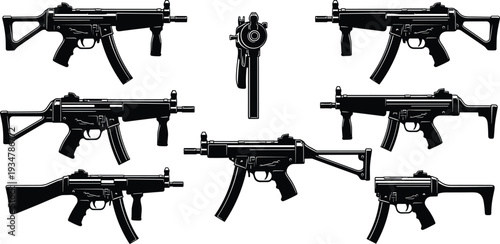 Black silhouette vector set of tactical submachine guns with various stocks and grips isolated on white background for military weapon design