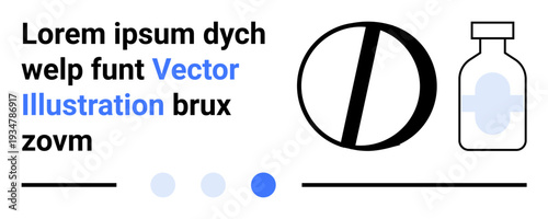 Pill and medicine bottle alongside text elements and dots. Ideal for health, pharmacy, treatment, medical research, wellness, medication, simple landing page