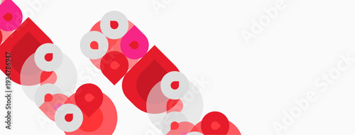 Abstract design features repeating pink, white shapes. Letters form diagonal pattern, simple geometric forms dominate composition.