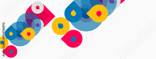 Abstract colorful shapes overlap, creating dynamic visual pattern. Circles, ovals, vibrant hues dominate composition. Modern design.