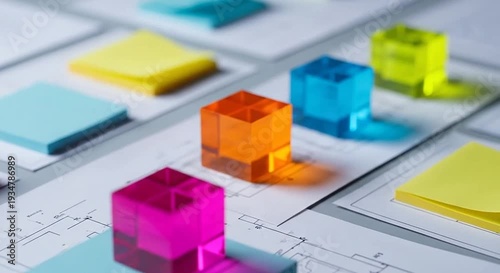 Colorful sticky notes and translucent blocks on papers with schematics, office/design concept