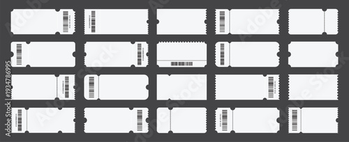 Set of white blank tickets mockup. Empty flat template Tickets. For cinema, sale coupon, circus, theater, festival. Minimalist coupons set. Isolated background