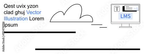 Online education, e-learning systems, cloud storage, digital tools, academic management, remote learning. Cloud icon connecting to a computer with an LMS interface. Online education and e-learning