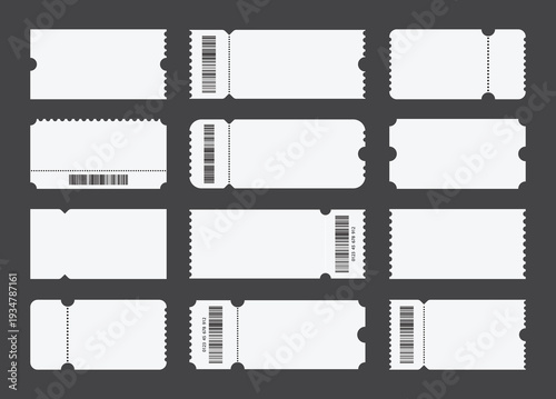 Set of white blank tickets mockup. Empty flat template Tickets. For cinema, sale coupon, circus, theater, festival. Minimalist coupons set. Isolated background