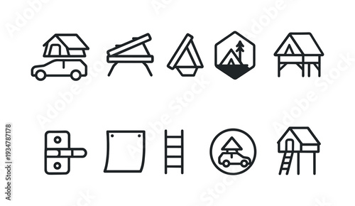 Camping and glamping line icon set. adventure, camping equipment icons collection.