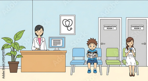A cartoon illustration of a doctor's office with a receptionist, patients, and examination rooms