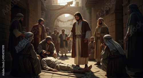Jesus Christ healing a paralytic man with compassion and divine intervention, surrounded by devoted followers in an ancient street setting, symbolizing hope and recovery