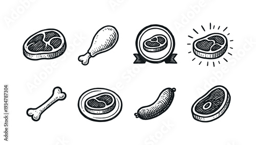 Meat and butchery silhouette icon set. beef, pork, poultry, grill icons collection