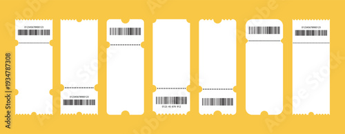 Set of white blank tickets mockup. Empty flat template Tickets. For cinema, sale coupon, circus, theater, festival. Minimalist coupons set. Isolated background