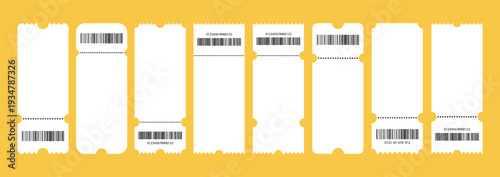 Set of white blank tickets mockup. Empty flat template Tickets. For cinema, sale coupon, circus, theater, festival. Minimalist coupons set. Isolated background