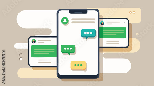 iMessages dual chat interface mockup with bubble conversations keyboard, modern unified messaging layout, messaging experience vector illustration, Modern Mobile Messaging UI with Smartphone Screens