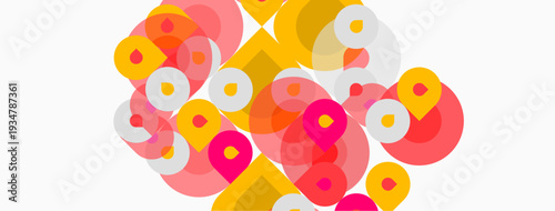 Abstract composition featuring overlapping circles. Pink, orange, yellow hues dominate white background. Modern, playful design.