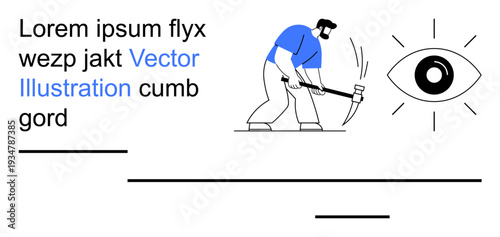 Work ethics, insight, vision, focus, determination, progress. A worker swinging a hammer near a radiating eye symbol. Insight and vision are conceptualized as progress and focus
