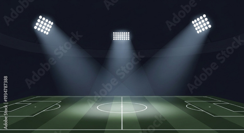 Empty green soccer field brightly lit by several tall floodlight towers at night vector illustration