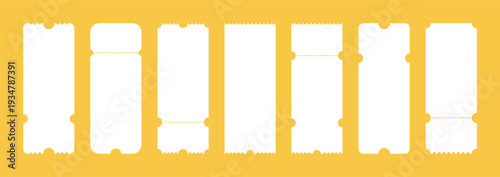 Set of white blank tickets mockup. Empty flat template Tickets. For cinema, sale coupon, circus, theater, festival. Minimalist coupons set. Isolated background