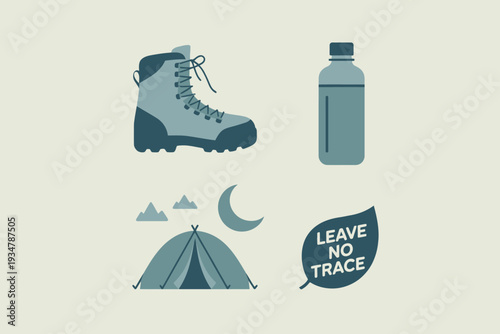 Set of hiking and camping icons including a trekking boot, water bottle, tent, and leave no trace symbol in a flat vector style