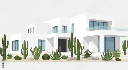 Modern white two story luxury house with blue windows surrounded by cacti in desert vector illustration