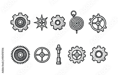 Mechanical gear silhouette icon set. engineering, machinery, technical symbols.