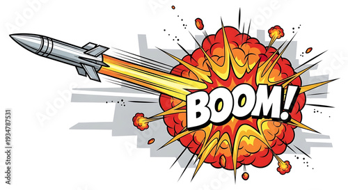 A cartoon-style vector graphic of a rocket exploding with a loud boom