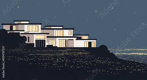 Stylish luxury modern house on cliff edge overlooking sparkling city lights at night vector illustration