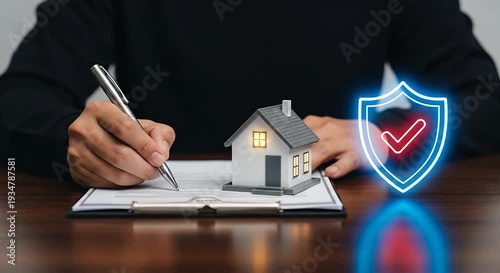 Hands sign document near miniature house model with bright windows and glowing shield