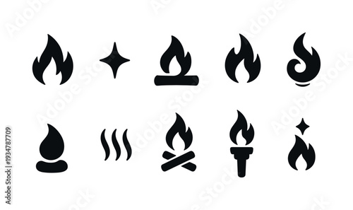 “fire icon set in solid style. flames, bonfire, heat, and safety icons collection