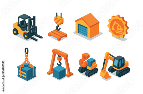 Construction, industry 3d icon set. machinery, equipment, tools three-dimensional icons