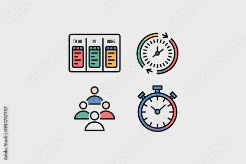 Set of Business and Project Management Icons: Kanban Board, Time Management Clock, Teamwork, and Stopwatch